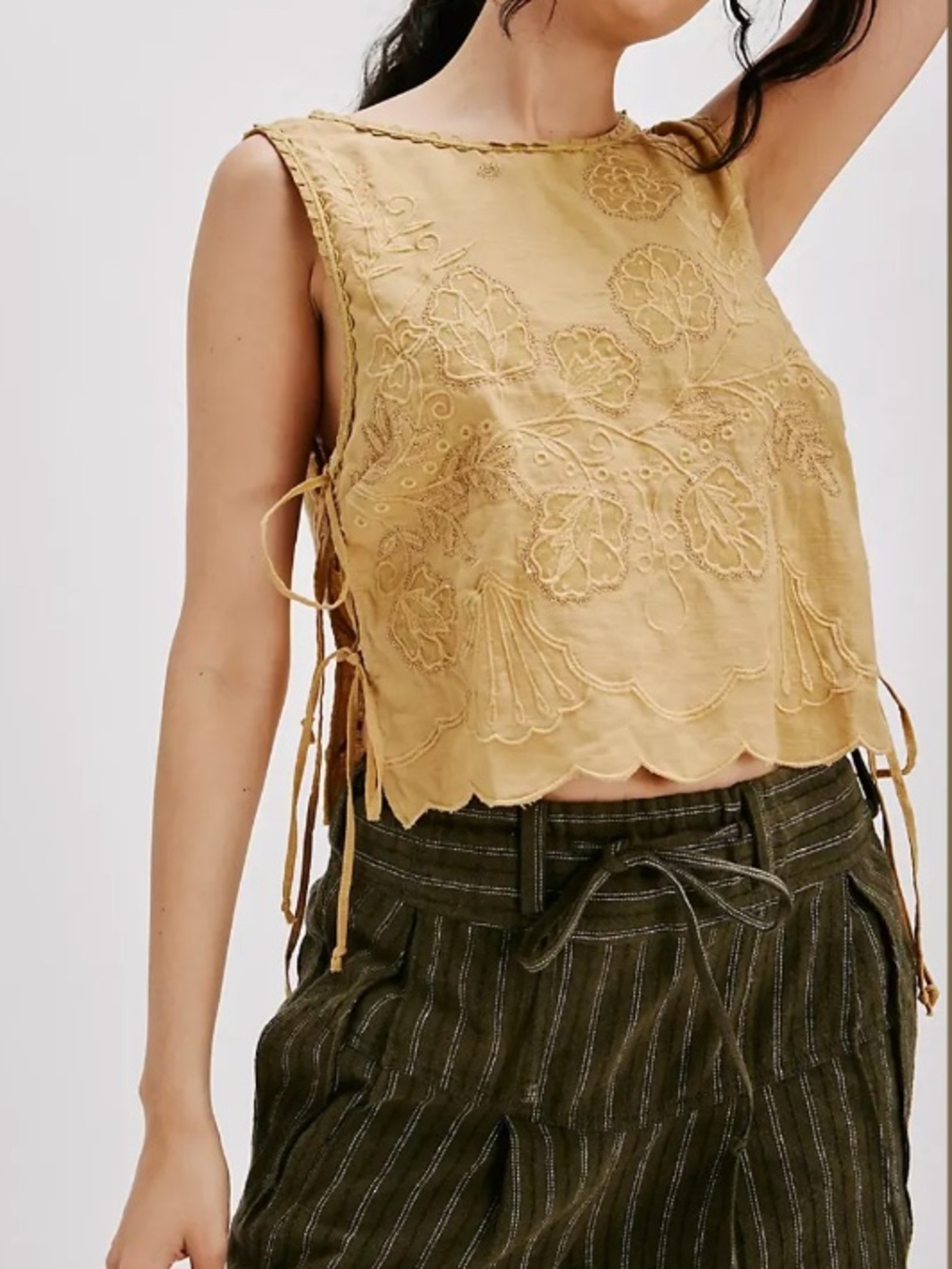 Free People Mustard Yellow Embroidered Tie-Side Tank Top